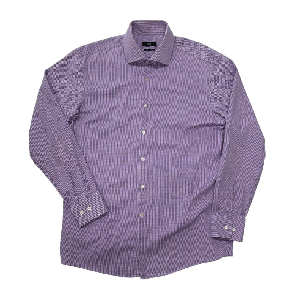 Hugo Boss Mens Purple Micro Check Sharp Fit Dress Shirt 17 34/35‎ Long Sleeve